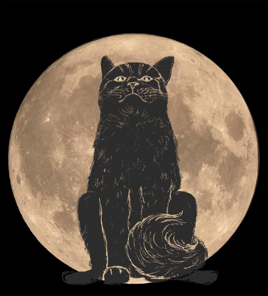 Dark gray sketch of a cat staring down at the viewer, with a dark moon background